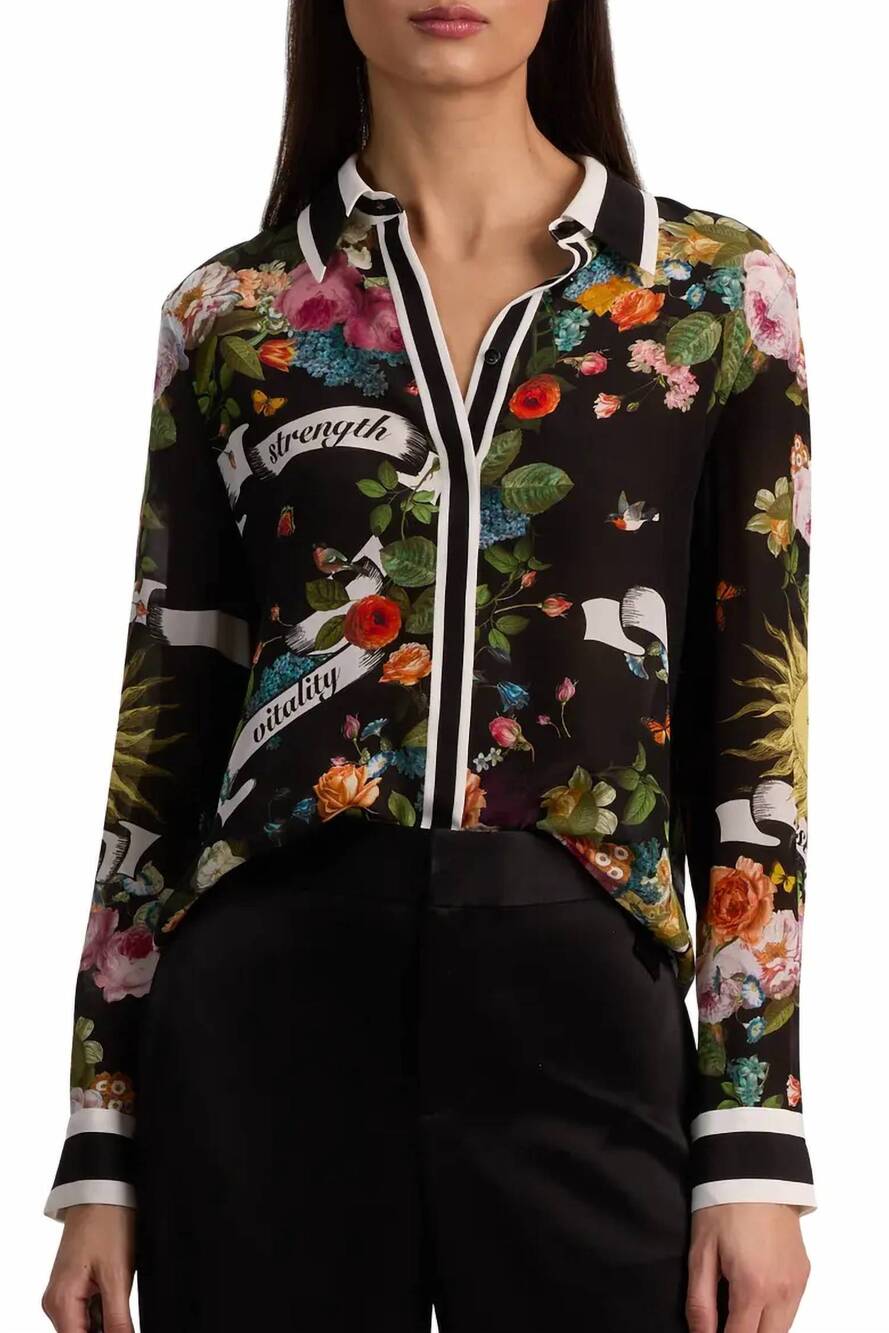 NEW ALICE + OLIVIA willa printed silk button-up shirt in solar strength black